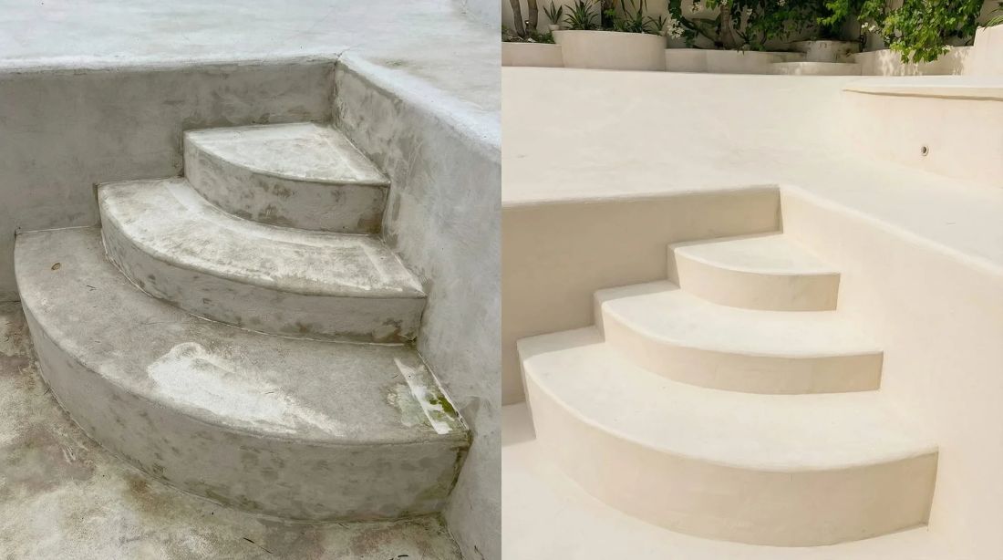 Tangga kolam yang dilapisi ulang dengan Microcement Aqua — sebelum dan sesudah